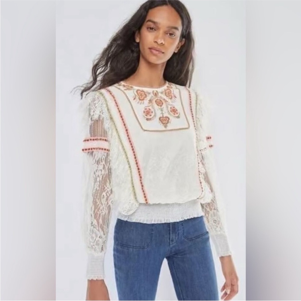 Embroidered Cream Lace Long-Sleeve Women's Top